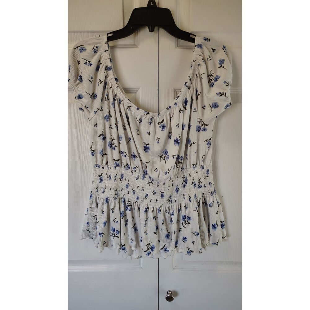 Rue+ Women's Plus Smocked Floral Peplum Top Blue & White Off-the-Shoulder 2X